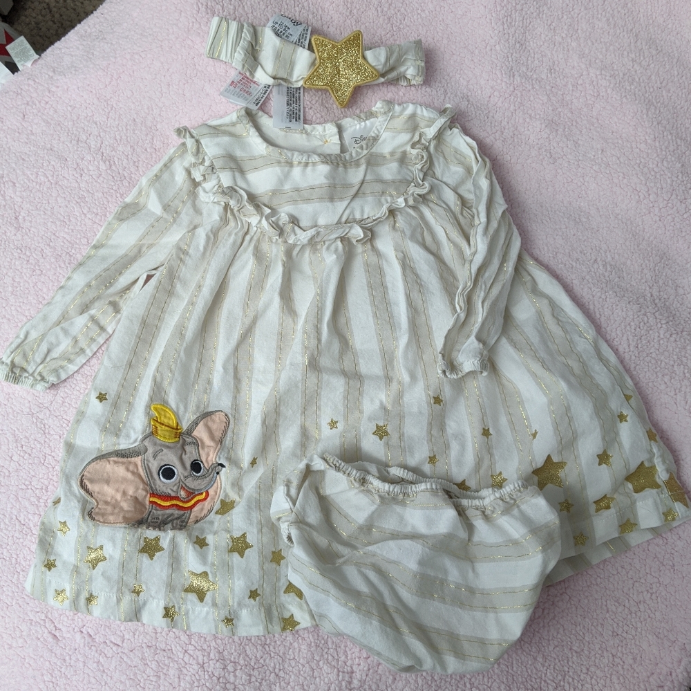 12-18M Disney Dumbo Sparkly Gold Long Sleeve Dress